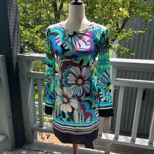 Cache Long Sleeve Blue Green Silk Dress - Size 2